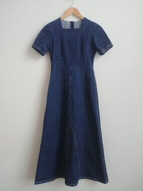 Handmade stretch blue denim jean midi dress approx XS square neckline